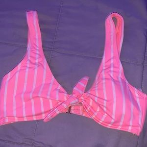 Bright pink and white striped bikini top with knot detail